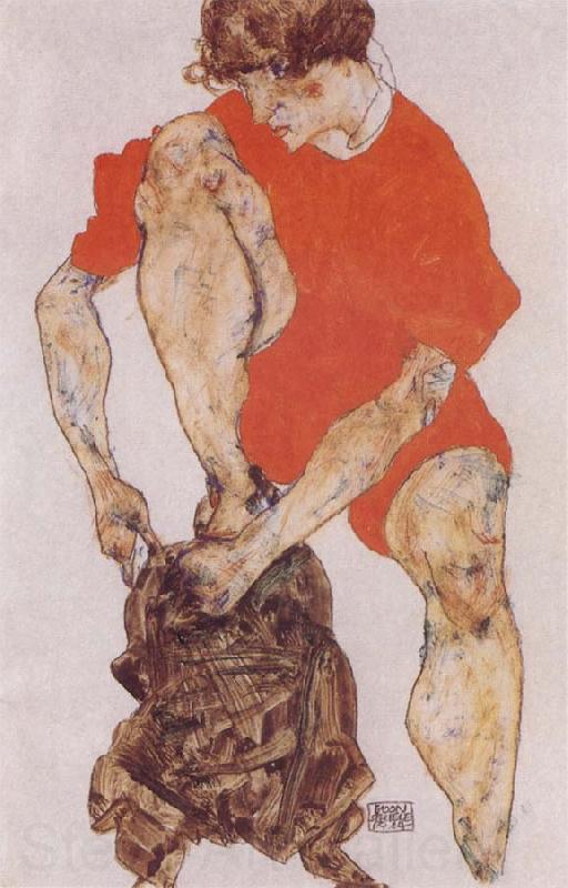 Egon Schiele Female Model in Bright Red Jacket and Pants